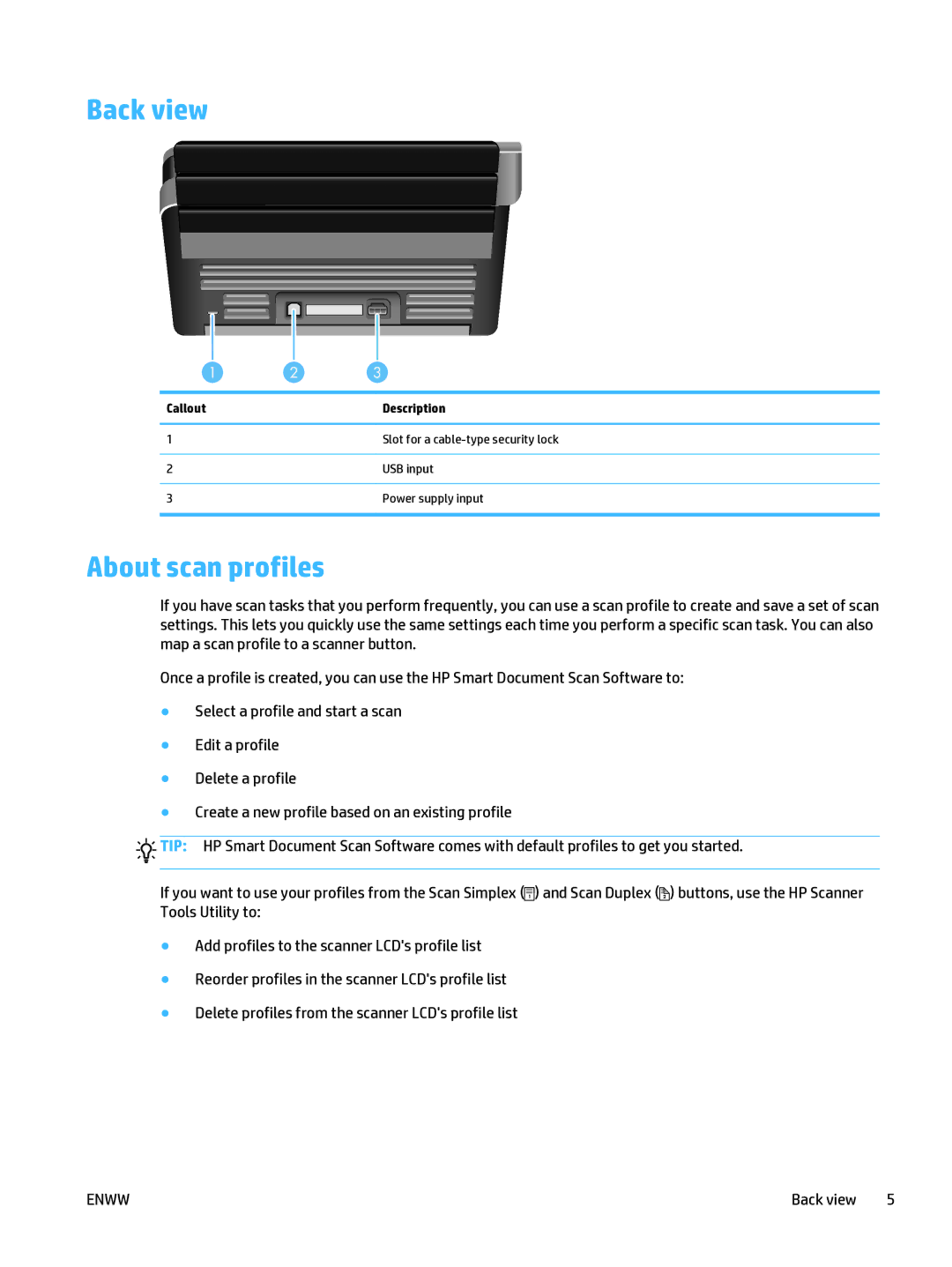 HP 5000 s2 Sheet-feed manual Back view, About scan profiles 