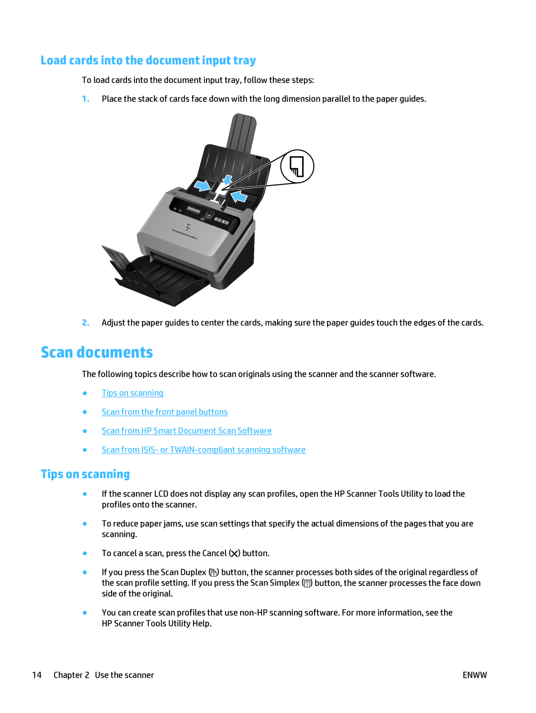 HP 5000 s2 Sheet-feed manual Scan documents, Load cards into the document input tray, Tips on scanning 