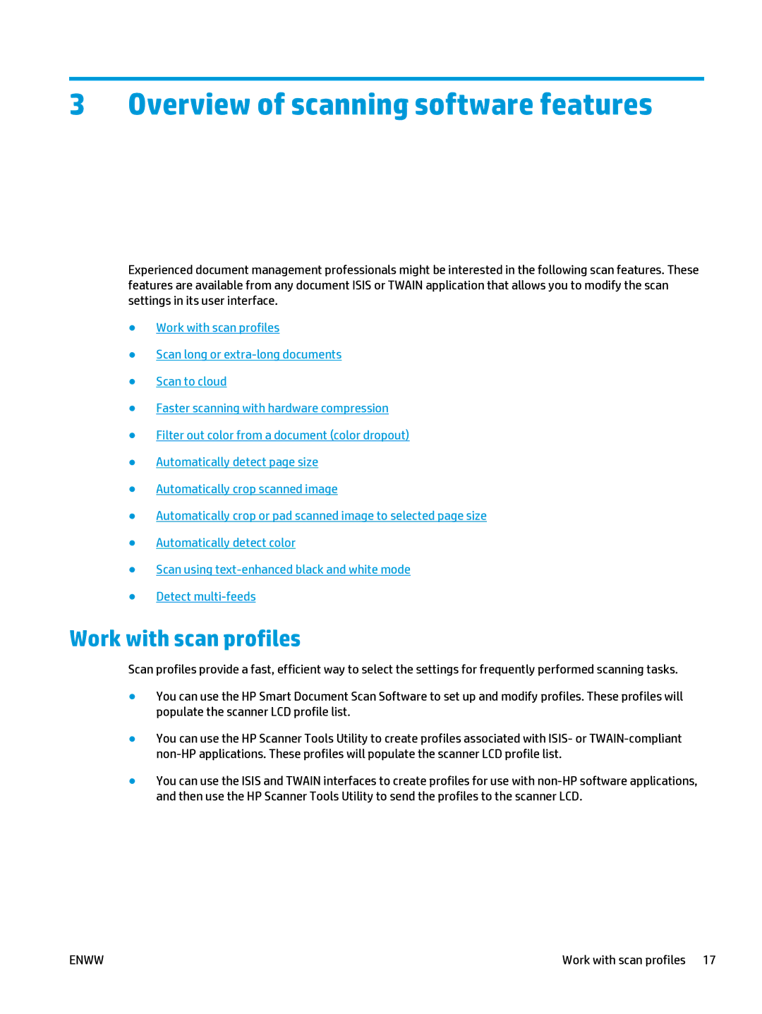 HP 5000 s2 Sheet-feed manual Overview of scanning software features, Work with scan profiles 