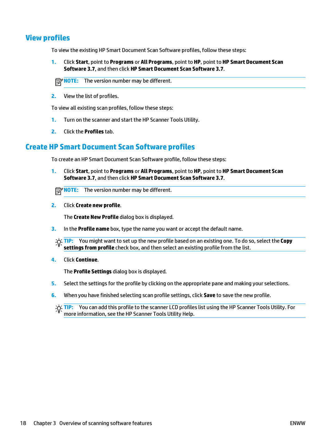 HP 5000 s2 Sheet-feed manual View profiles, Create HP Smart Document Scan Software profiles 