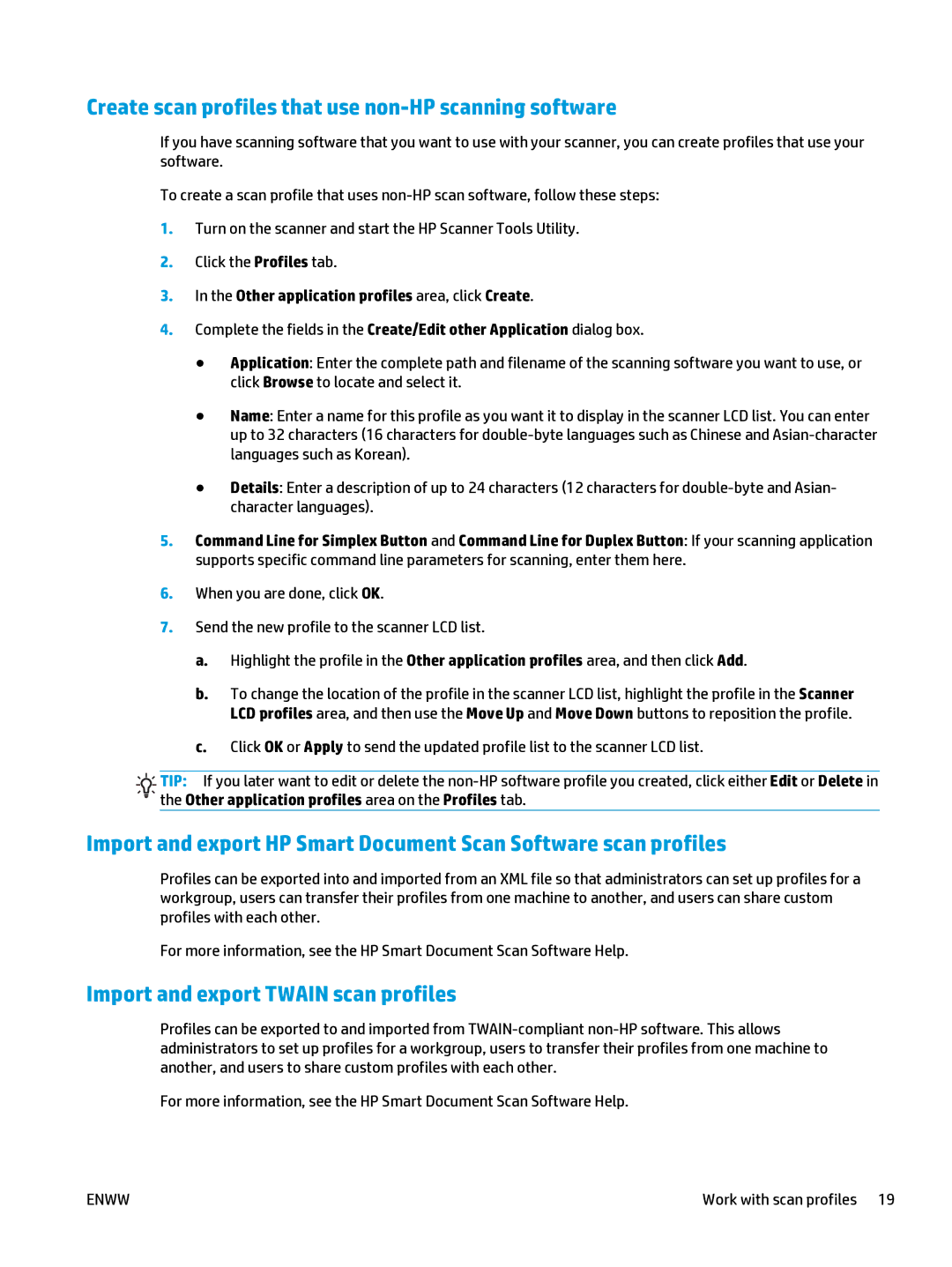 HP 5000 s2 Sheet-feed manual Create scan profiles that use non-HP scanning software, Import and export Twain scan profiles 