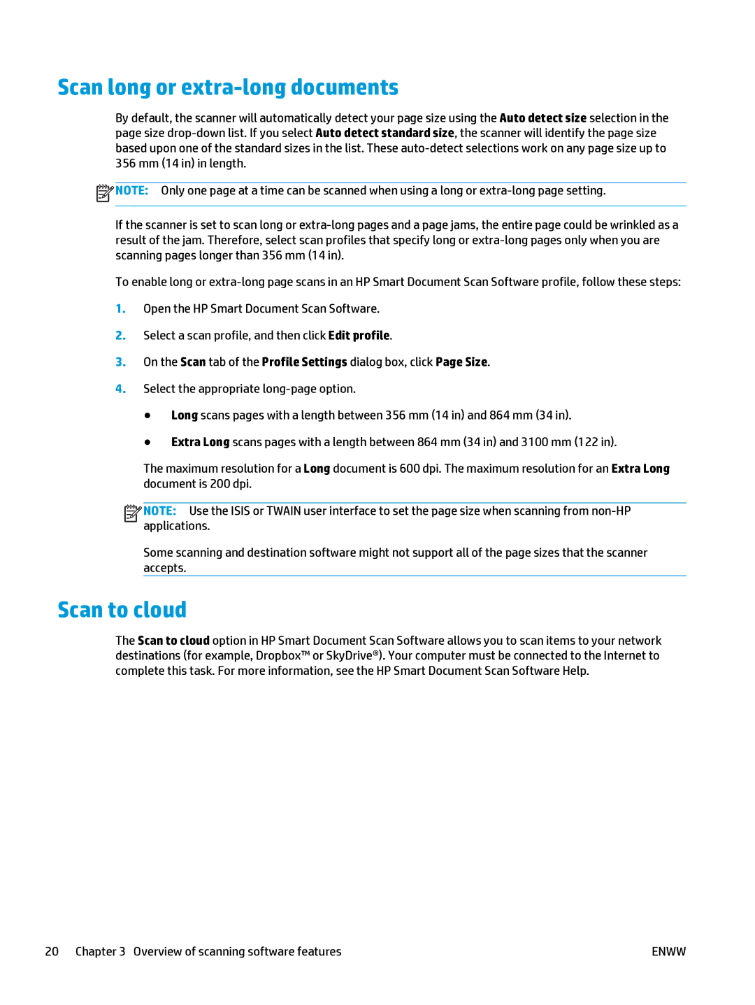 HP 5000 s2 Sheet-feed manual Scan long or extra-long documents, Scan to cloud 