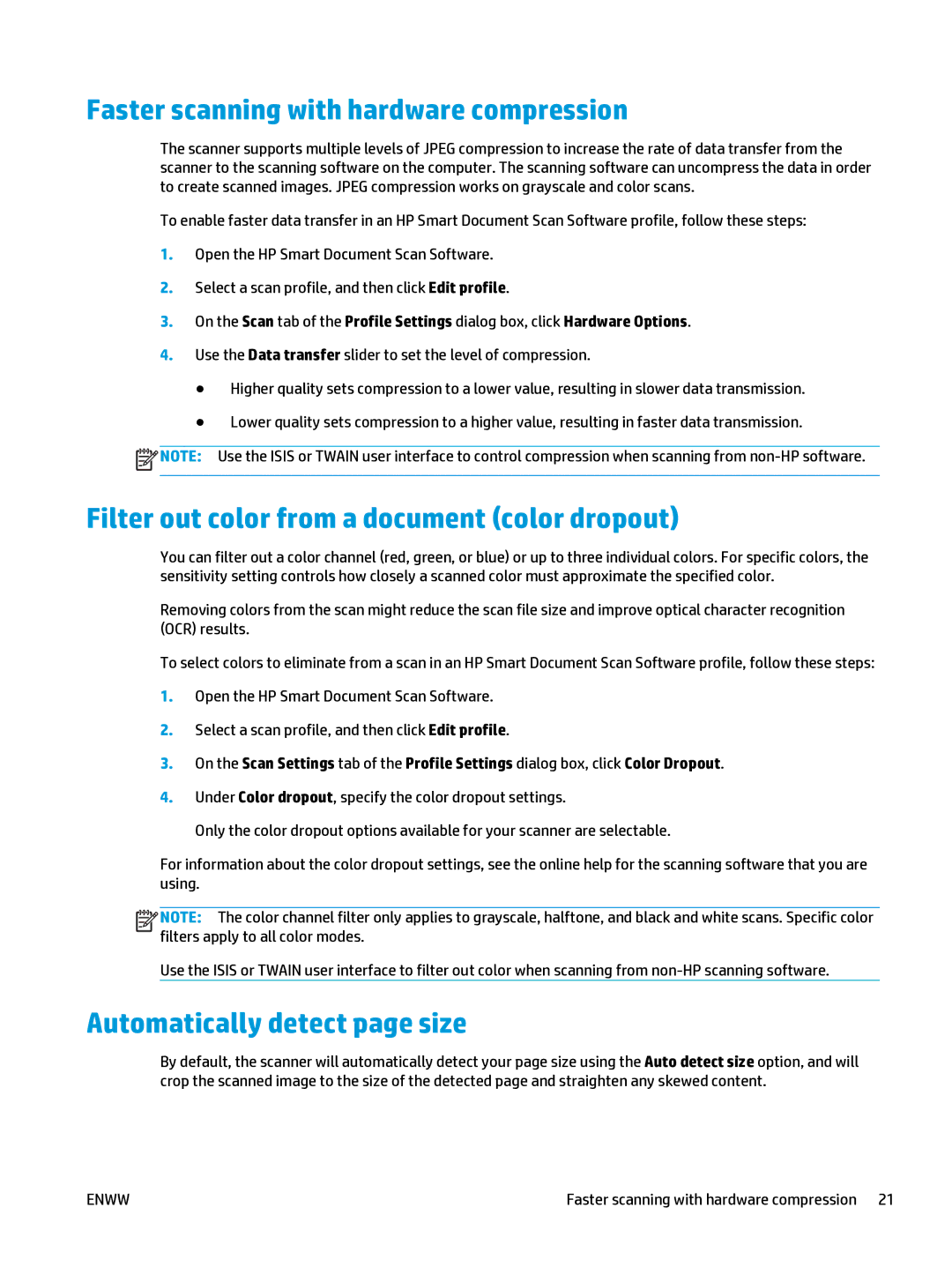 HP 5000 s2 Sheet-feed manual Faster scanning with hardware compression, Filter out color from a document color dropout 