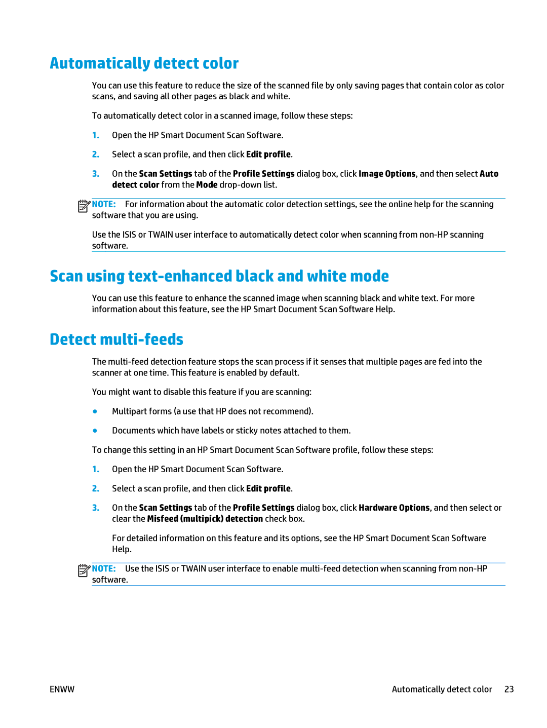 HP 5000 s2 Sheet-feed manual Automatically detect color, Scan using text-enhanced black and white mode, Detect multi-feeds 