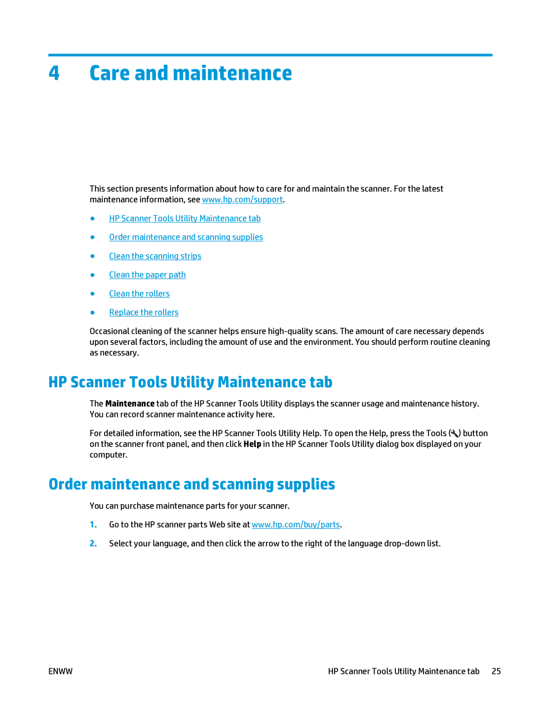 HP 5000 s2 Sheet-feed manual Care and maintenance, HP Scanner Tools Utility Maintenance tab 