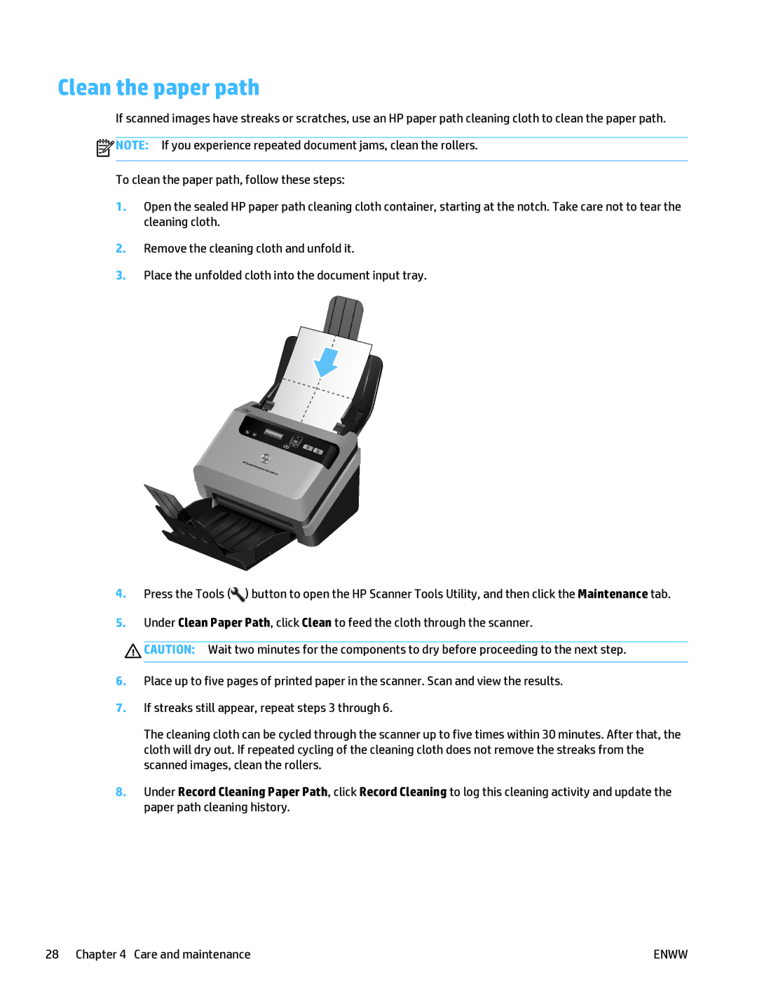 HP 5000 s2 Sheet-feed manual Clean the paper path 