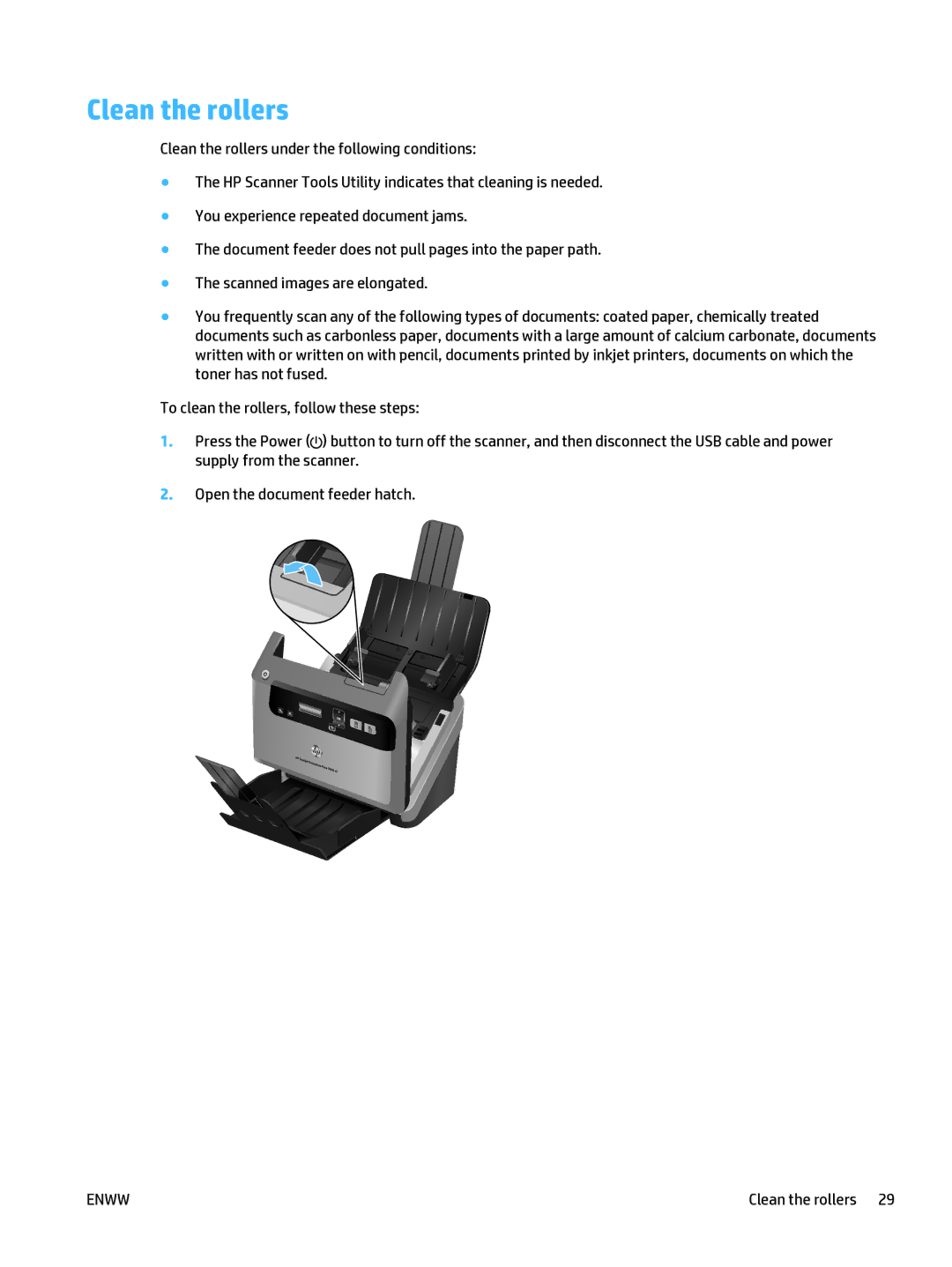 HP 5000 s2 Sheet-feed manual Clean the rollers 