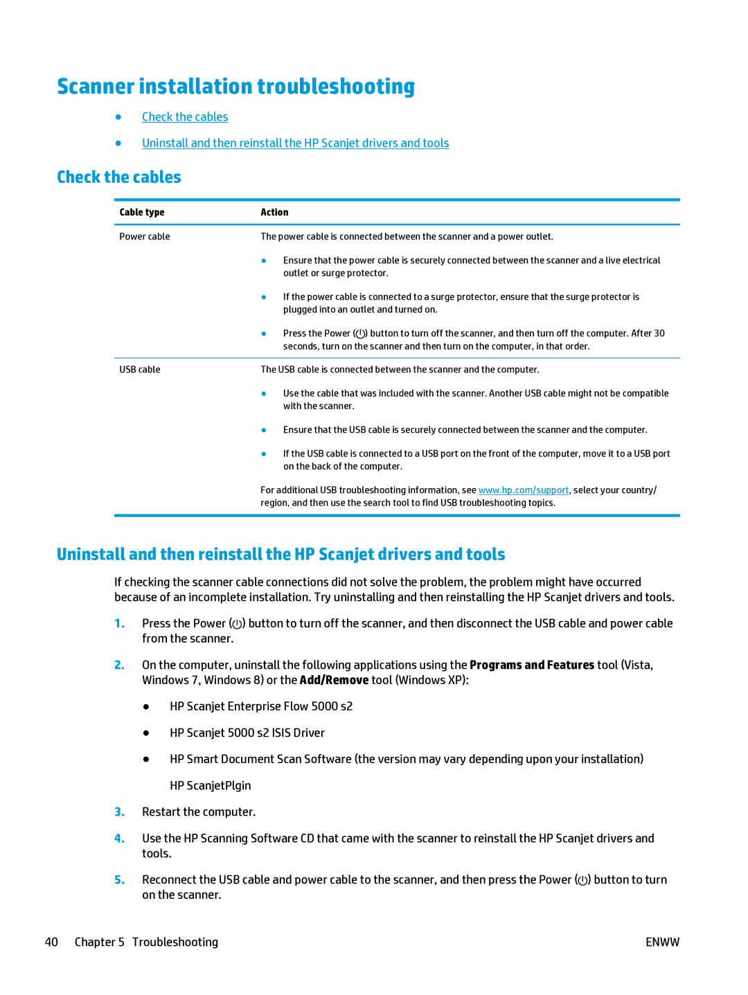 HP 5000 s2 Sheet-feed manual Scanner installation troubleshooting, Check the cables 