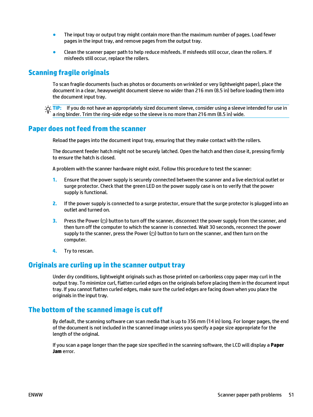 HP 5000 s2 Sheet-feed manual Scanning fragile originals, Paper does not feed from the scanner 