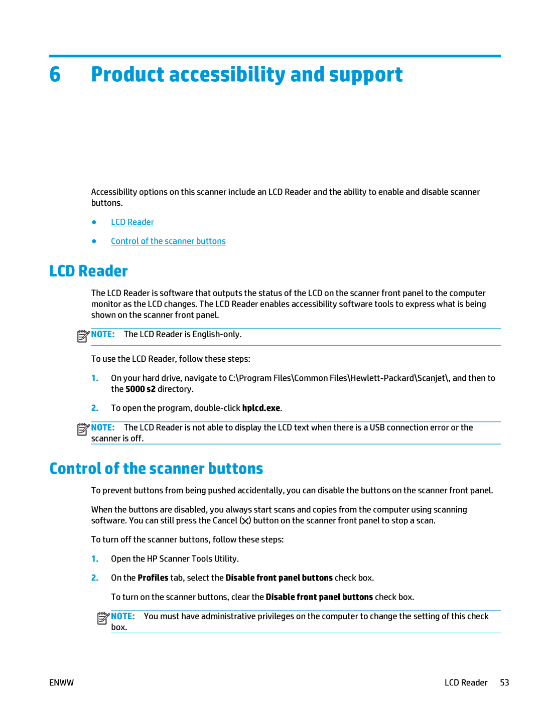 HP 5000 s2 Sheet-feed manual Product accessibility and support, LCD Reader, Control of the scanner buttons 