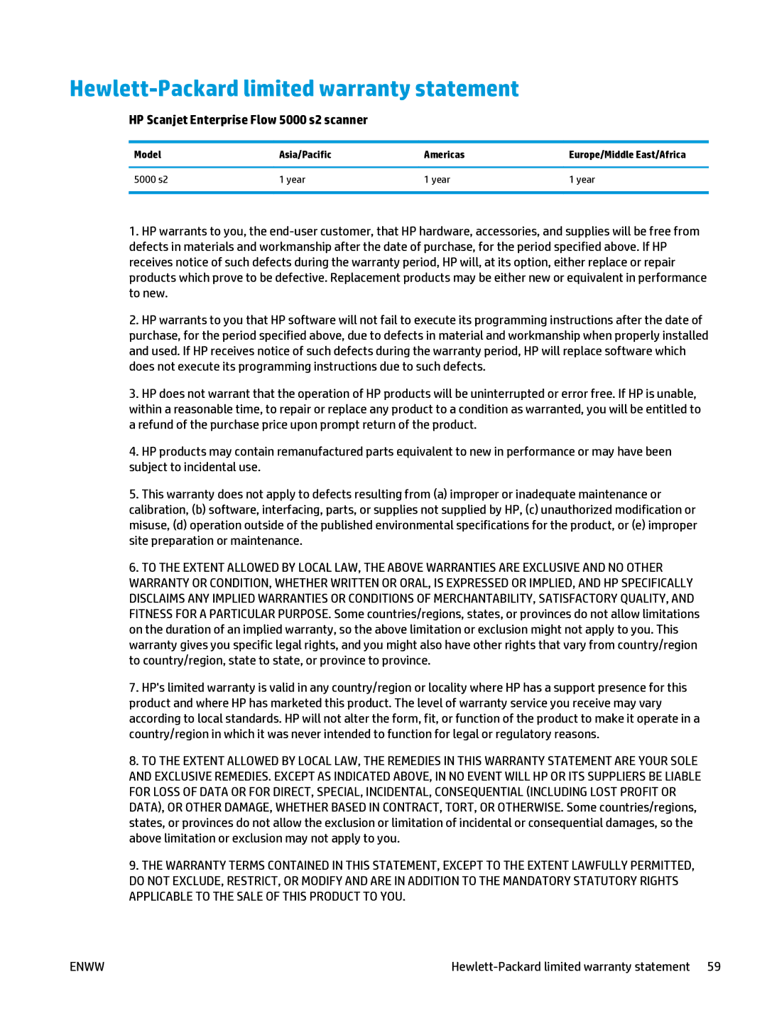 HP 5000 s2 Sheet-feed manual Hewlett-Packard limited warranty statement, HP Scanjet Enterprise Flow 5000 s2 scanner 