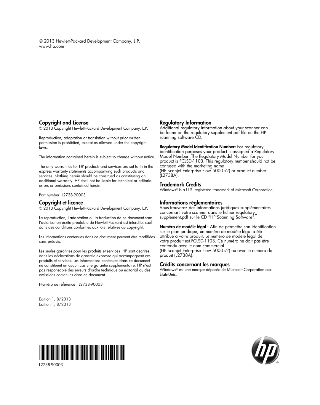 HP 5000 s2 Sheet-feed manual Copyright Hewlett-Packard Development Company, L.P, L2738-90003 