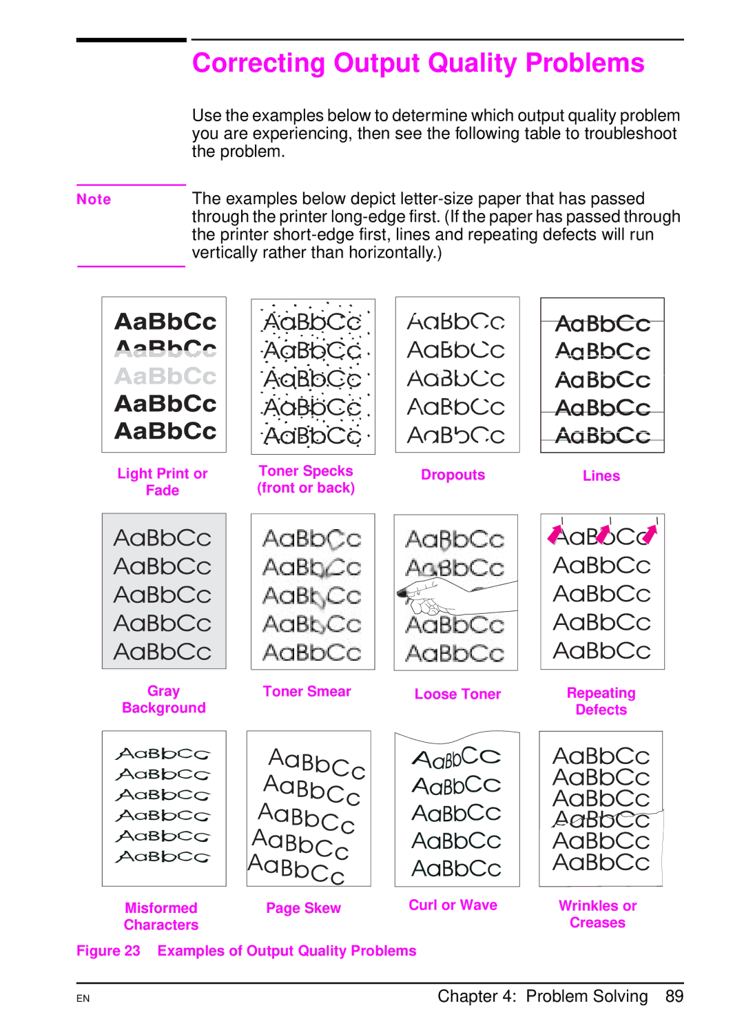 HP 5000 manual Correcting Output Quality Problems, Examples below depict letter-size paper that has passed 