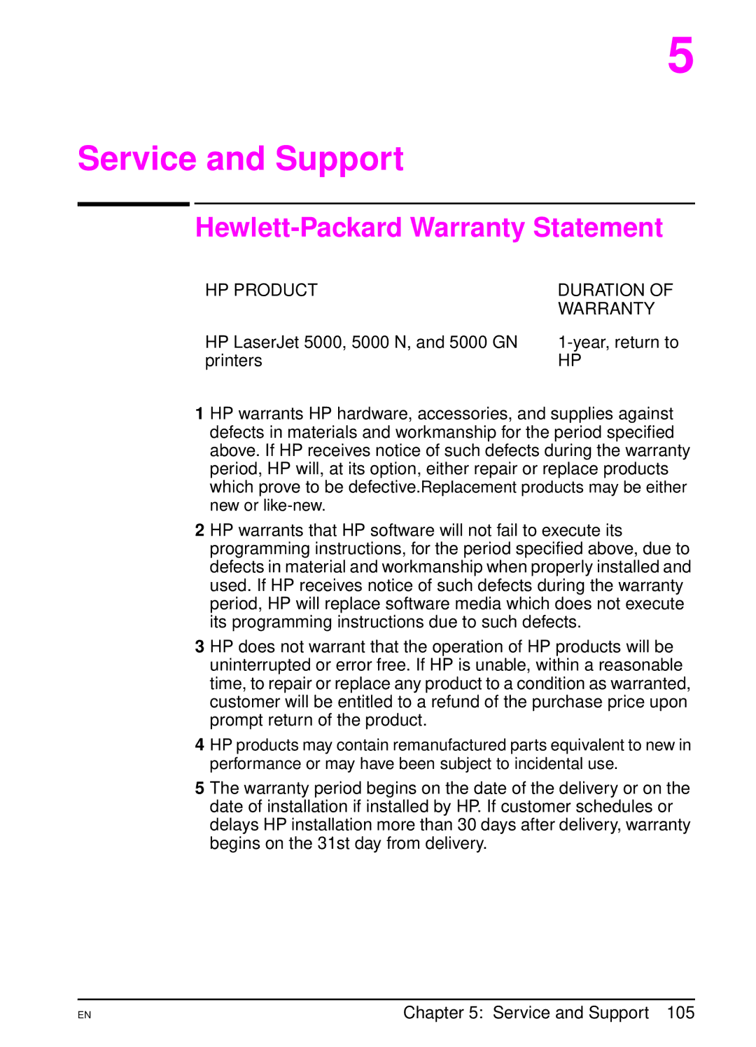 HP manual Hewlett-Packard Warranty Statement, HP LaserJet 5000, 5000 N, and 5000 GN, Printers 