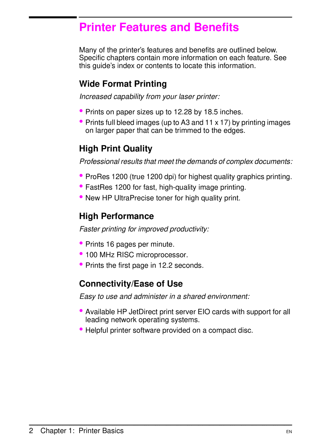 HP 5000 manual Printer Features and Benefits, Wide Format Printing, High Print Quality, High Performance 