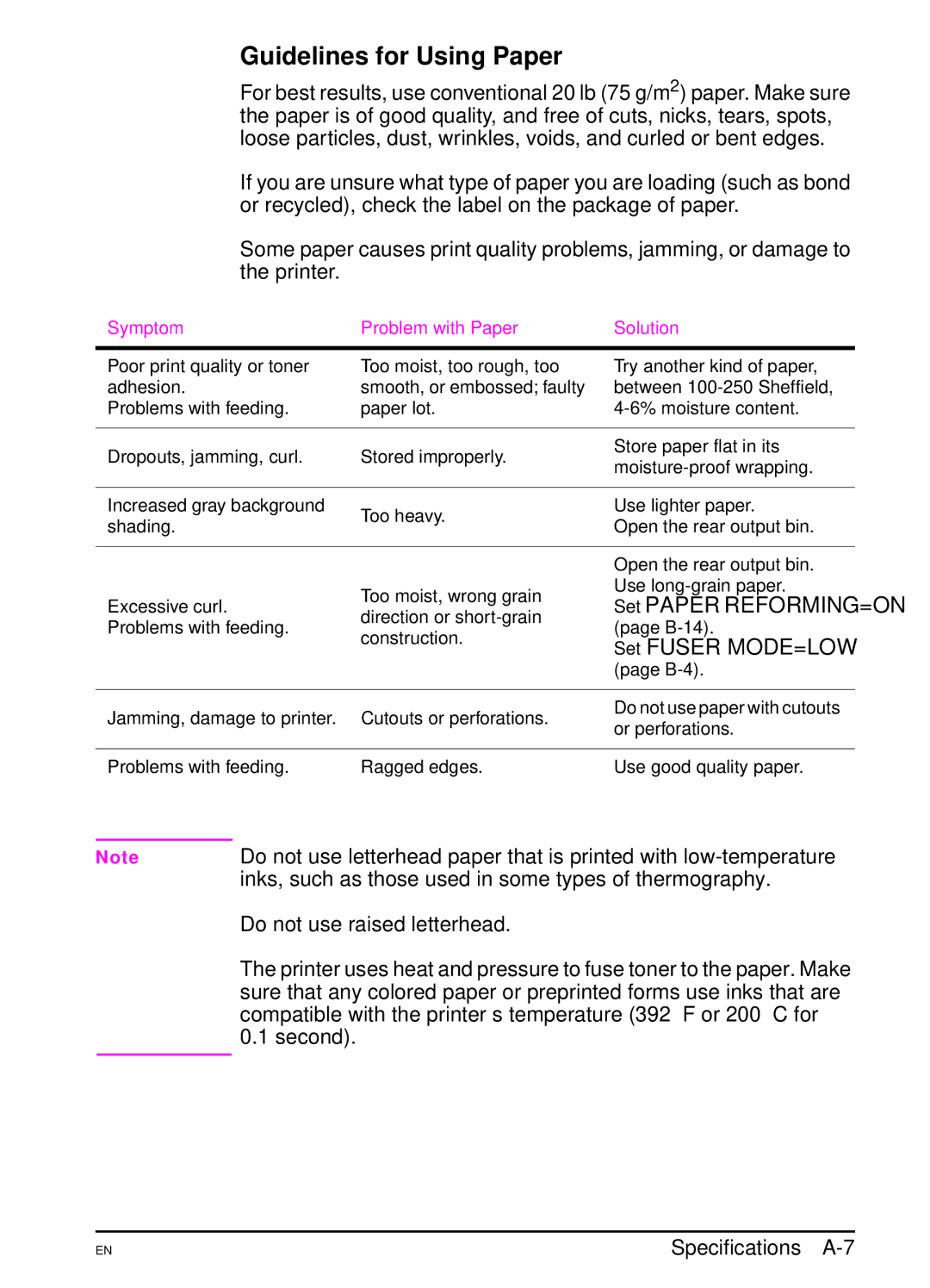 HP 5000 manual Guidelines for Using Paper, Set Fuser MODE=LOW, Inks, such as those used in some types of thermography 