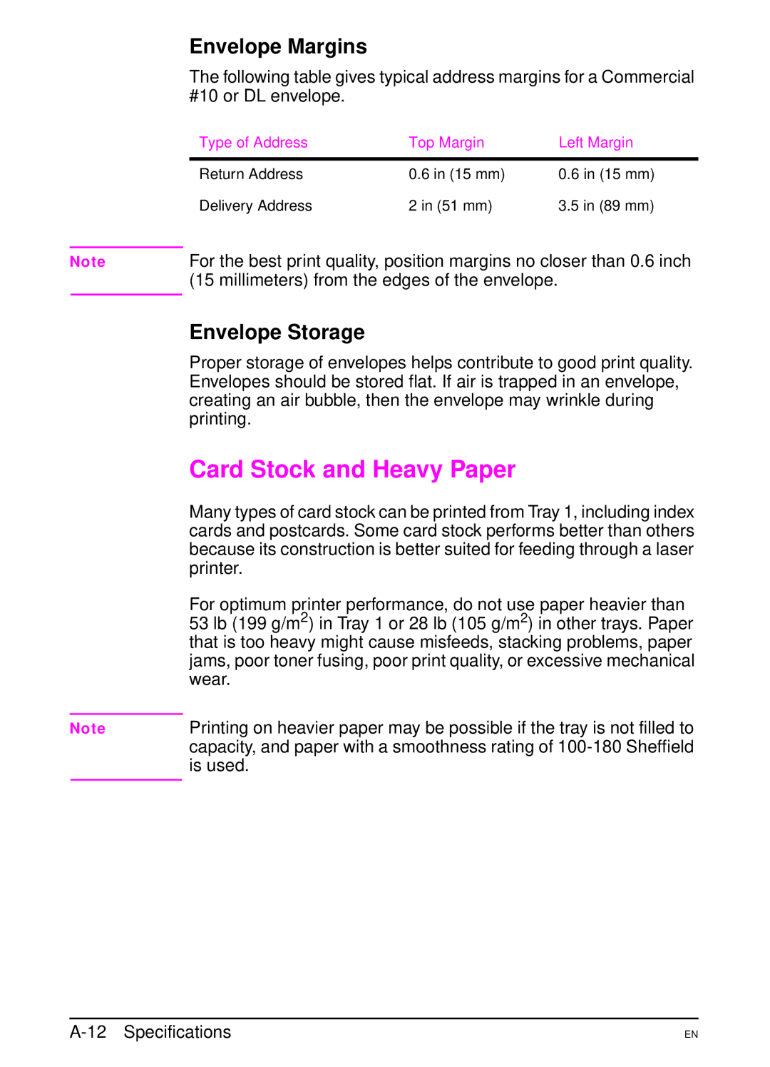 HP 5000 manual Card Stock and Heavy Paper, Envelope Margins, Envelope Storage 