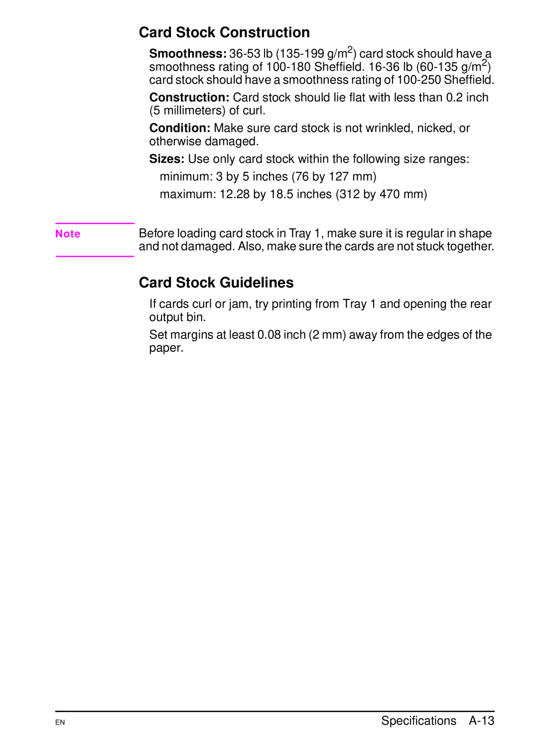 HP 5000 manual Card Stock Construction, Card Stock Guidelines 