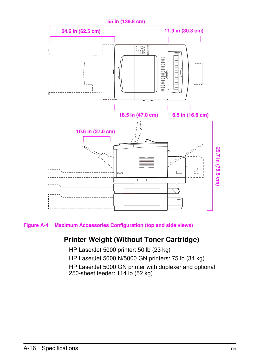 HP 5000 manual Printer Weight Without Toner Cartridge, 18.5 in 47.0 cm 16.6 cm 10.6 in 27.0 cm 29.7 in 75.5 cm 