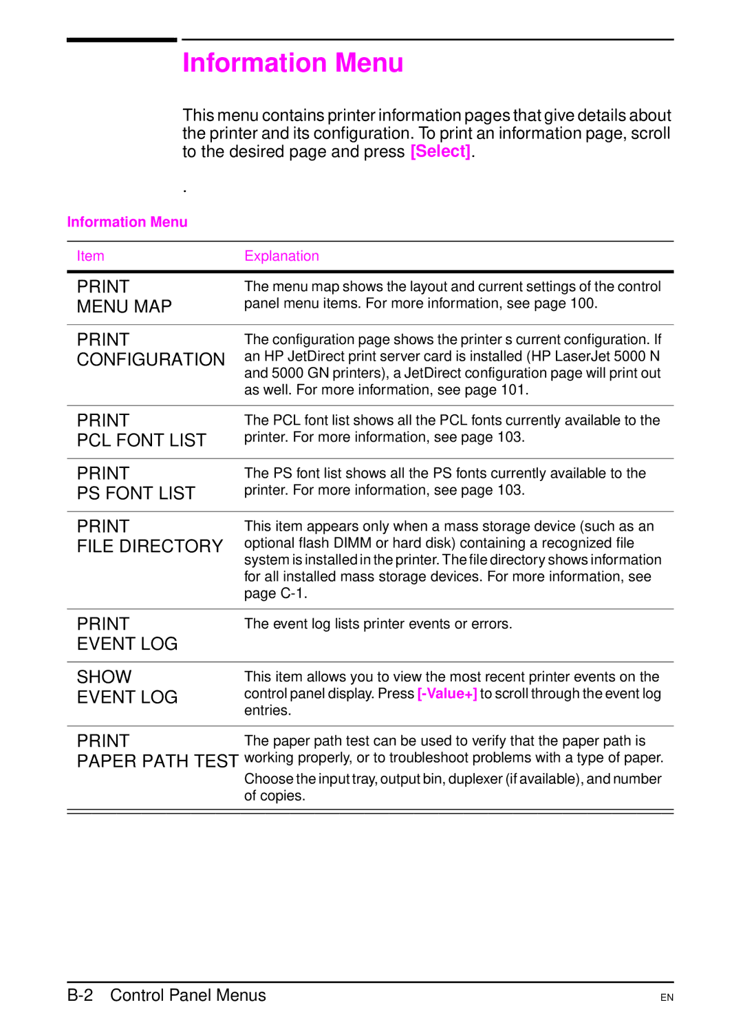 HP 5000 manual Information Menu 