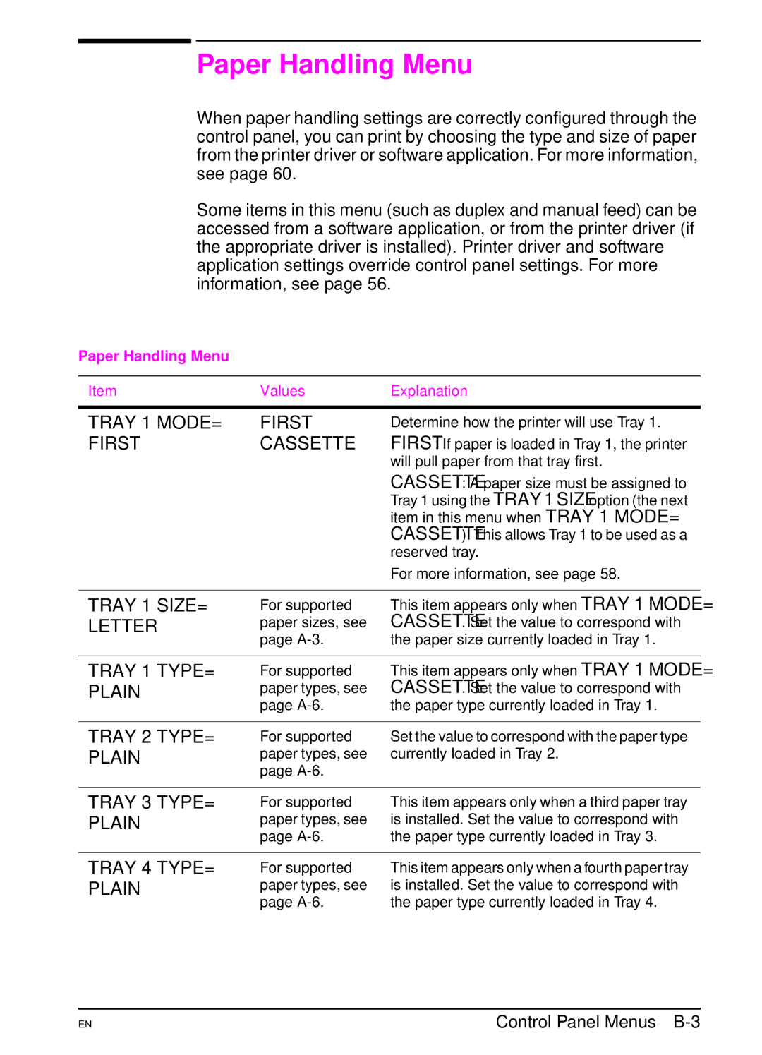 HP 5000 manual Paper Handling Menu 