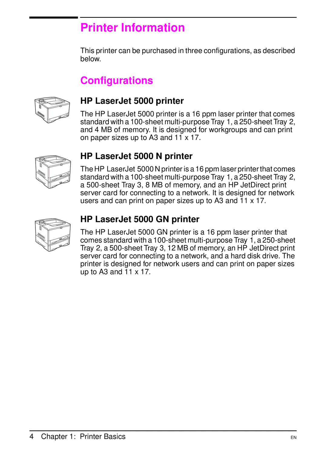 HP manual Printer Information, Configurations, HP LaserJet 5000 printer, HP LaserJet 5000 N printer 