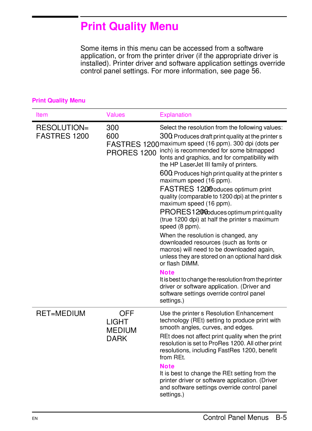 HP 5000 manual Print Quality Menu 