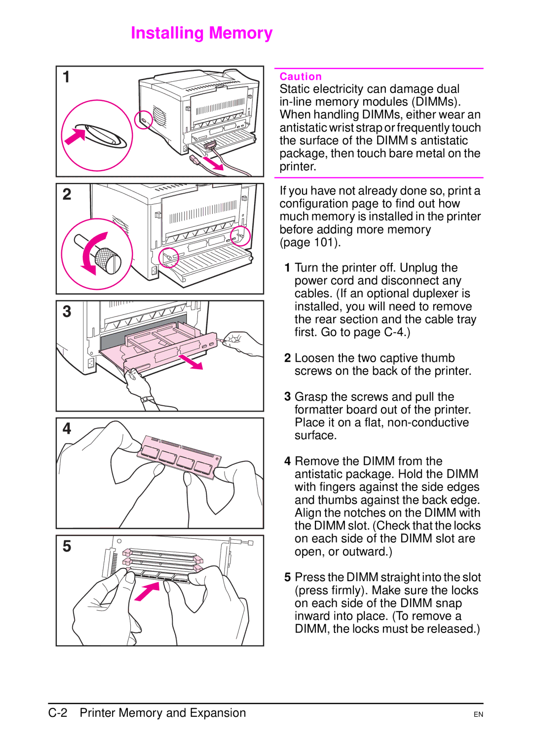 HP 5000 manual Installing Memory, Printer Memory and Expansion 