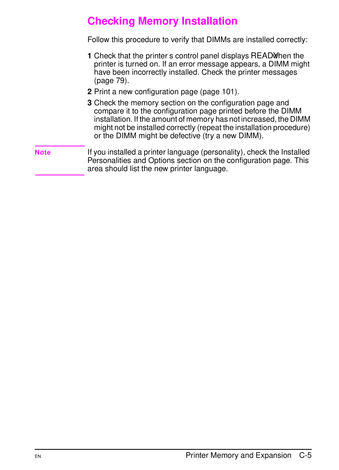 HP 5000 manual Checking Memory Installation, Area should list the new printer language, Printer Memory and Expansion C-5 