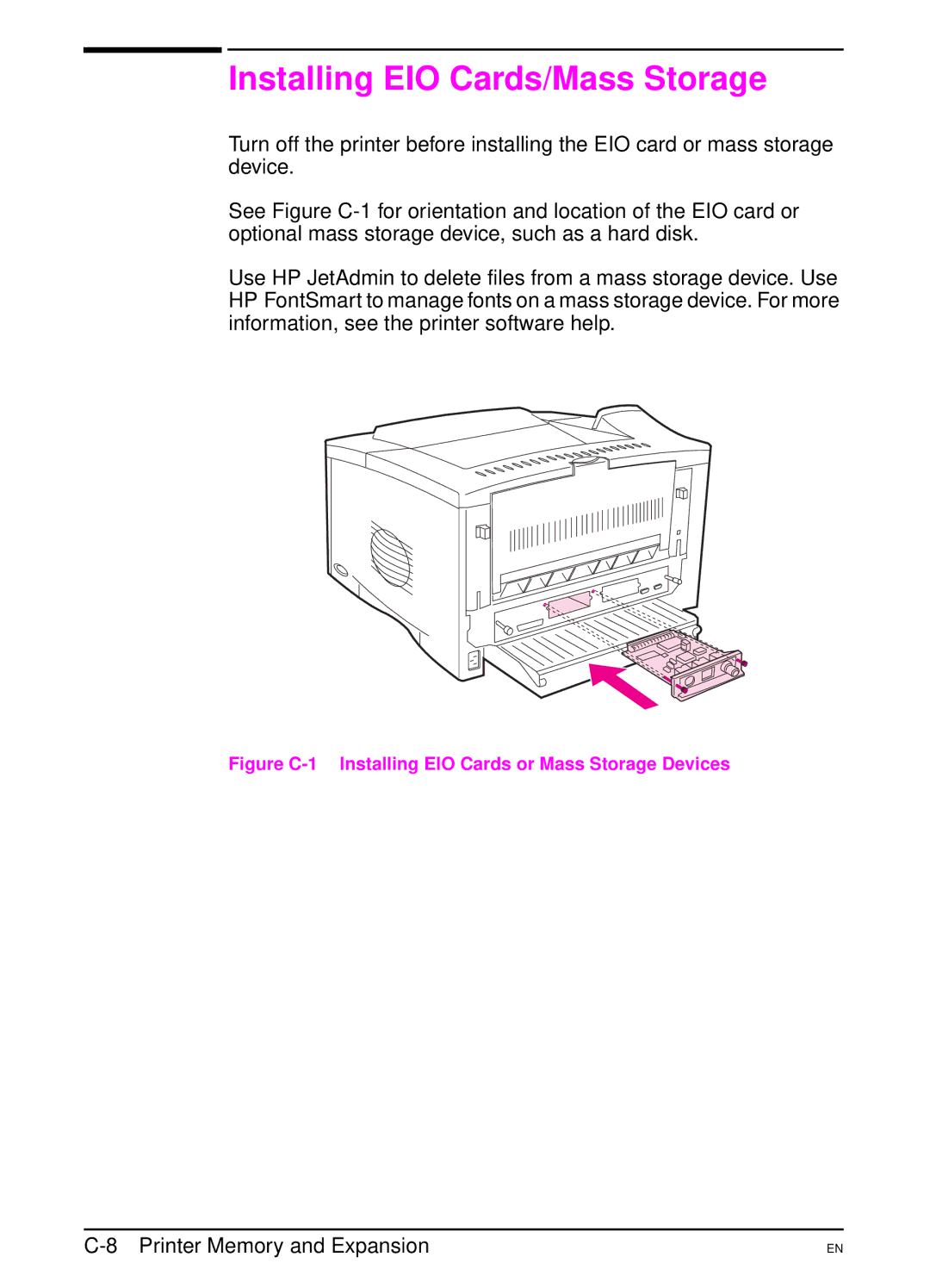 HP 5000 manual Installing EIO Cards/Mass Storage, Figure C-1 Installing EIO Cards or Mass Storage Devices 