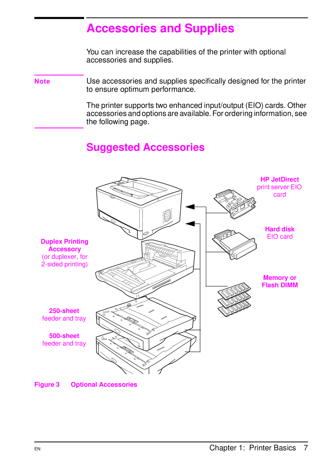 HP 5000 manual Accessories and Supplies, Suggested Accessories, Accessories and supplies, To ensure optimum performance 