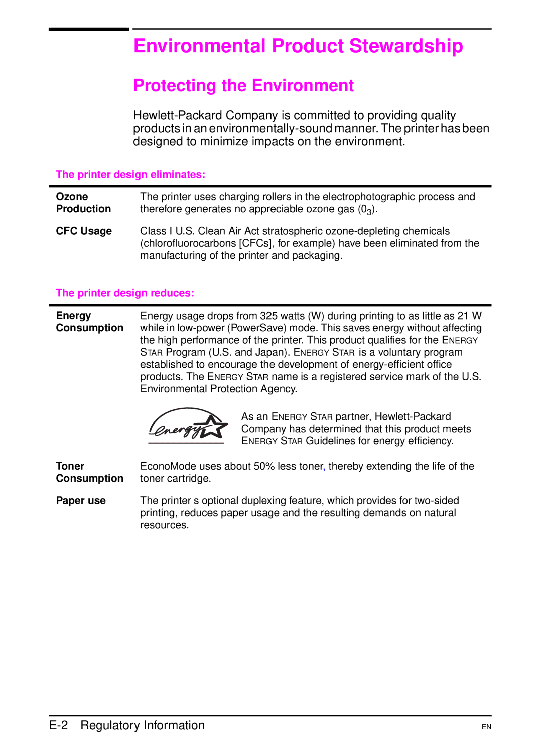 HP 5000 Environmental Product Stewardship, Protecting the Environment, Regulatory Information, Printer design eliminates 