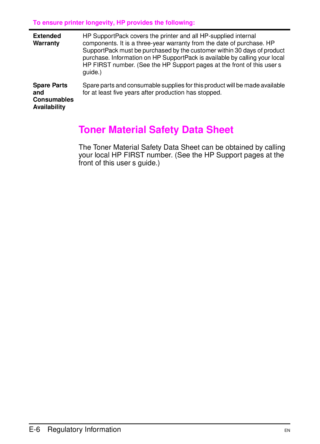 HP 5000 manual Toner Material Safety Data Sheet, To ensure printer longevity, HP provides the following 