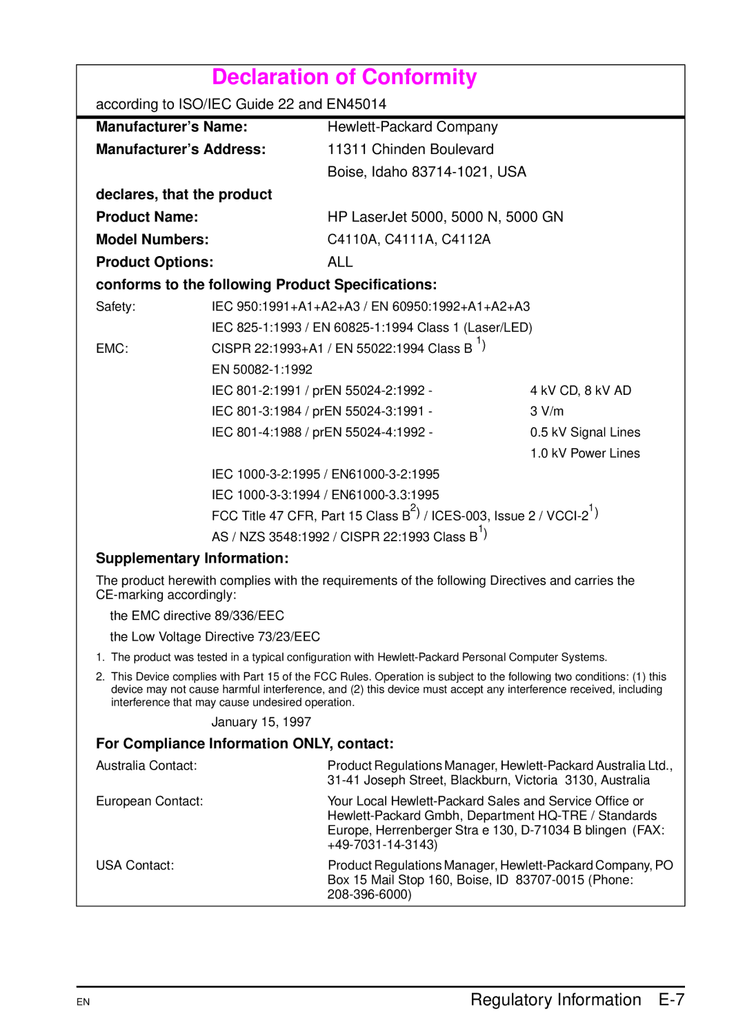 HP 5000 manual Declaration of Conformity, Regulatory Information E-7 