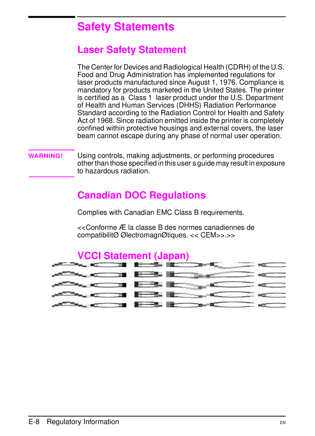 HP 5000 manual Safety Statements, Laser Safety Statement, Canadian DOC Regulations, Vcci Statement Japan 