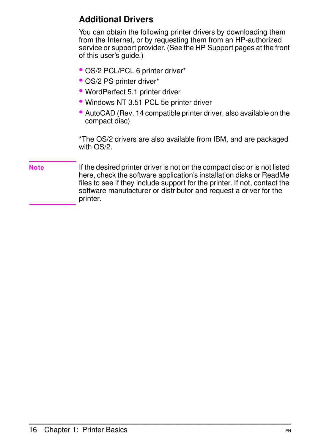 HP 5000 manual Additional Drivers, With OS/2, Printer 