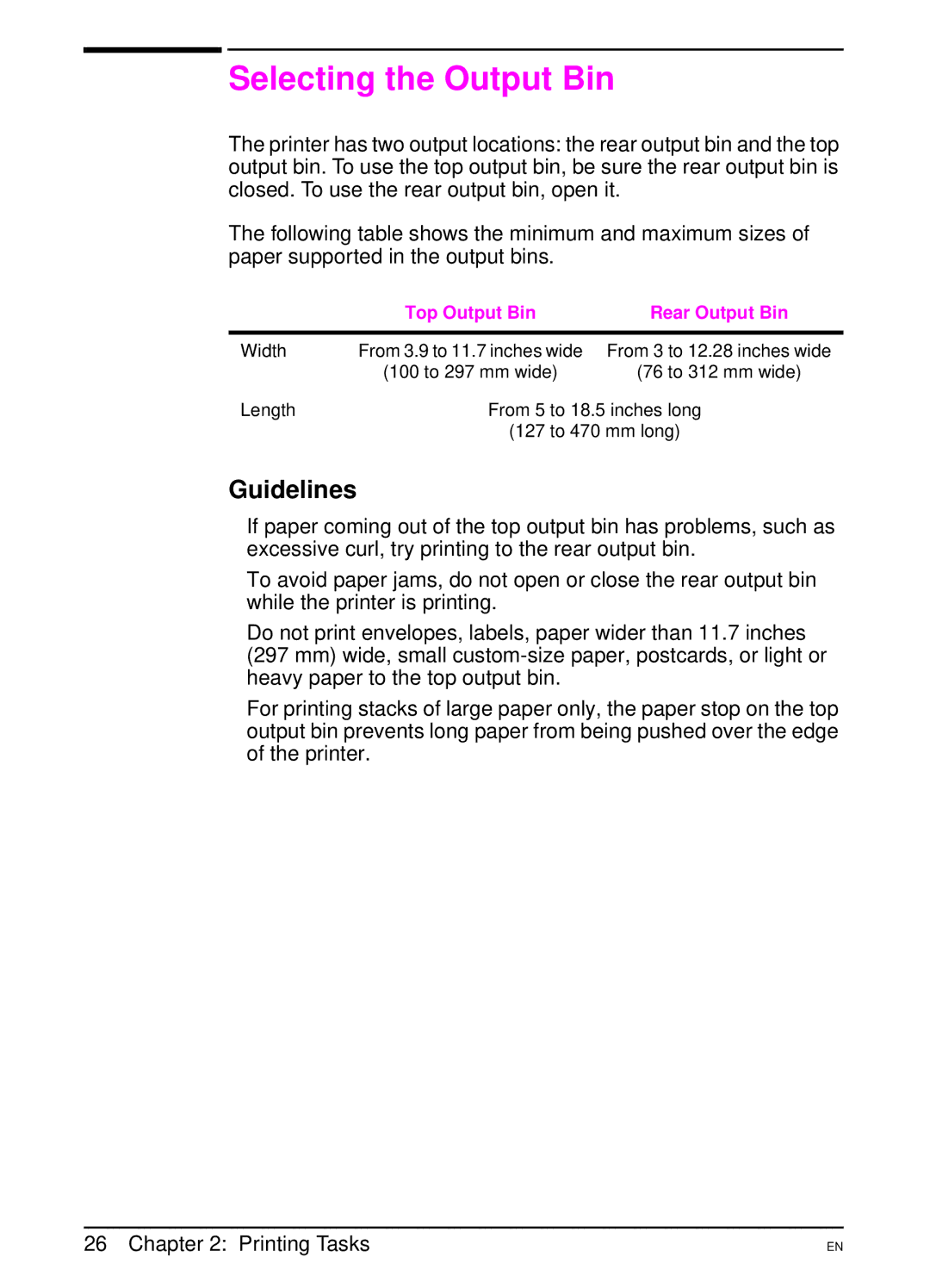 HP 5000 manual Selecting the Output Bin, Guidelines, Top Output Bin Rear Output Bin 