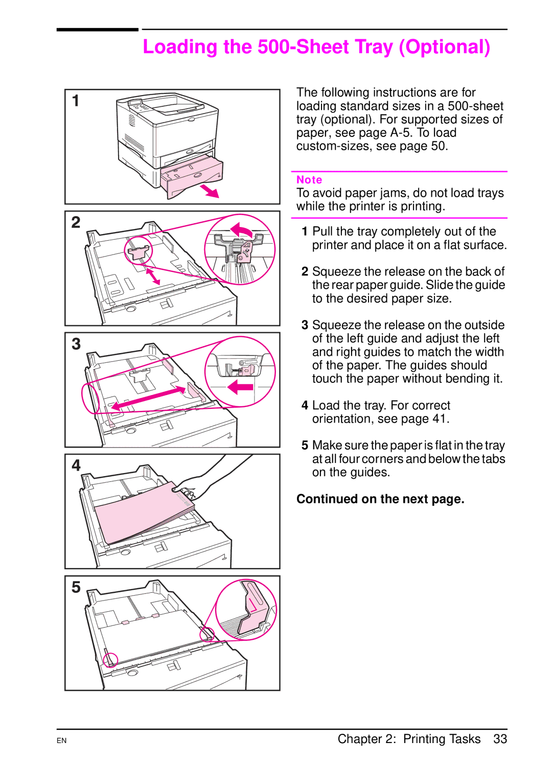 HP 5000 manual Loading the 500-Sheet Tray Optional 