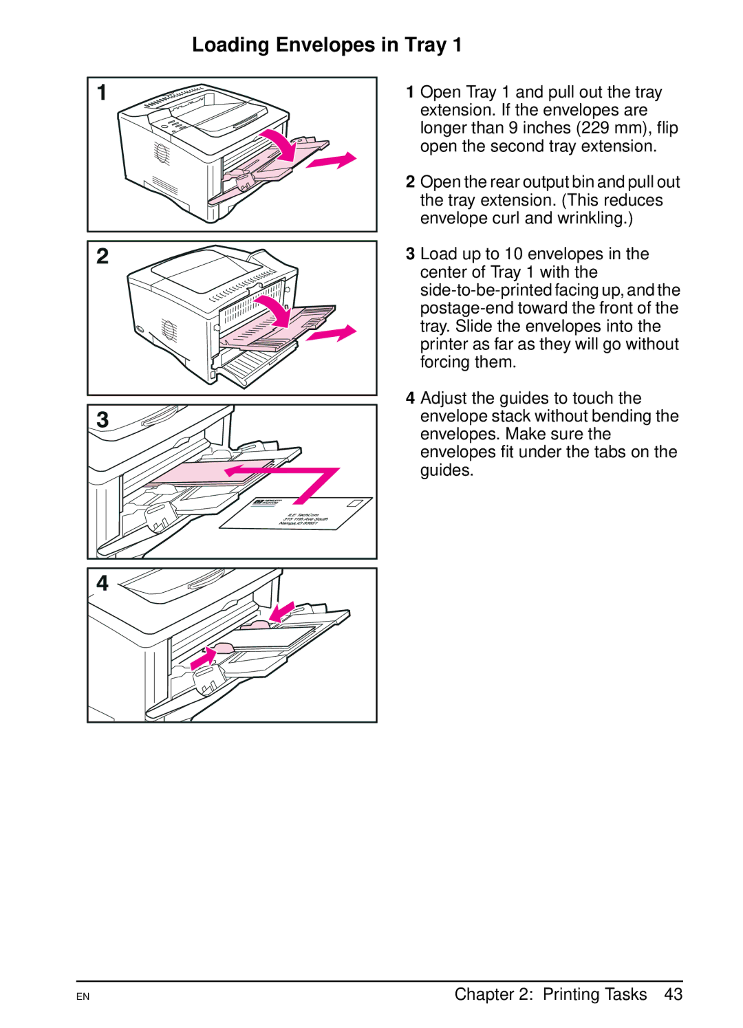 HP 5000 manual Loading Envelopes in Tray 