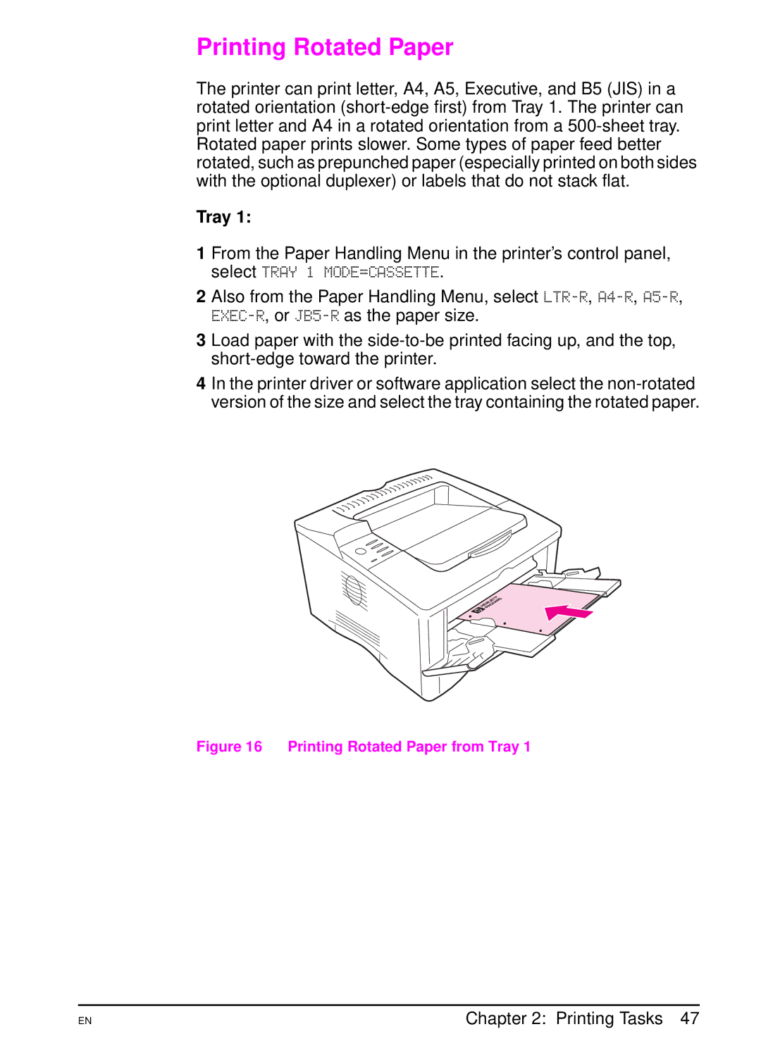 HP 5000 manual Printing Rotated Paper, Tray 