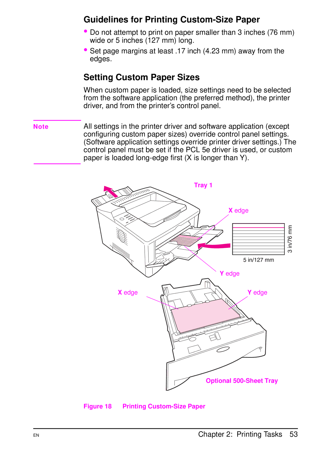 HP 5000 manual Guidelines for Printing Custom-Size Paper, Setting Custom Paper Sizes, Edge Optional 500-Sheet Tray 