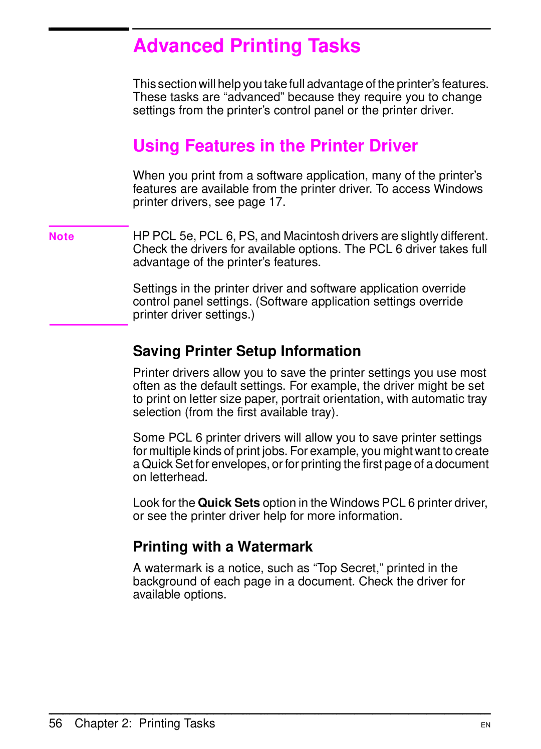 HP 5000 manual Advanced Printing Tasks, Using Features in the Printer Driver, Saving Printer Setup Information 