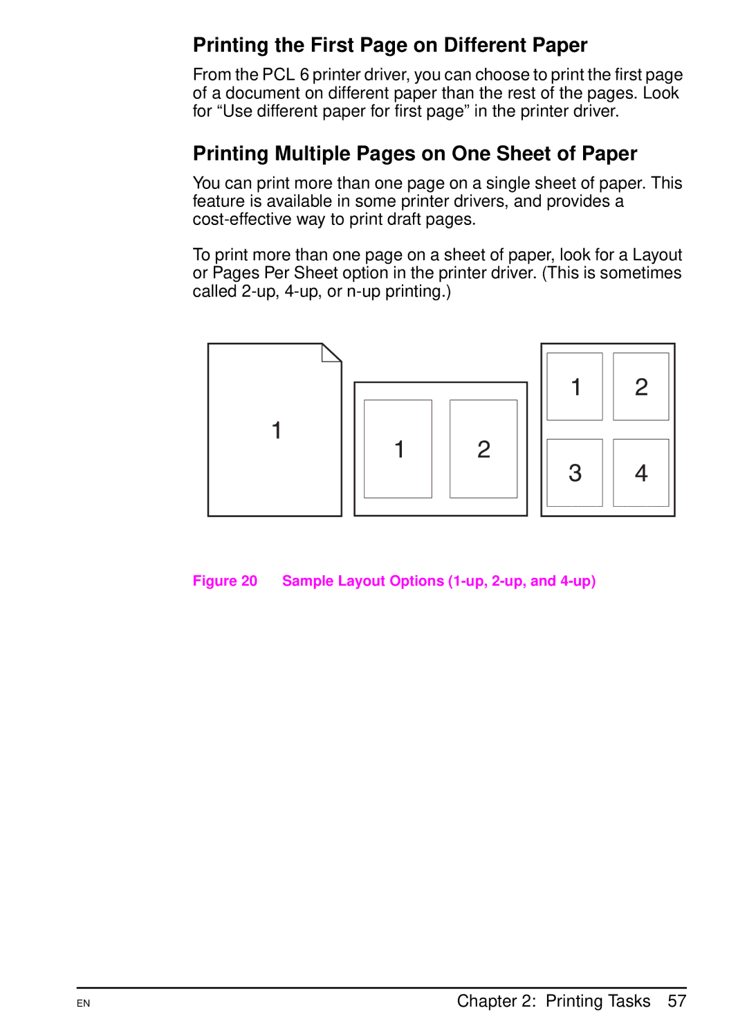 HP 5000 manual Printing the First Page on Different Paper, Printing Multiple Pages on One Sheet of Paper 