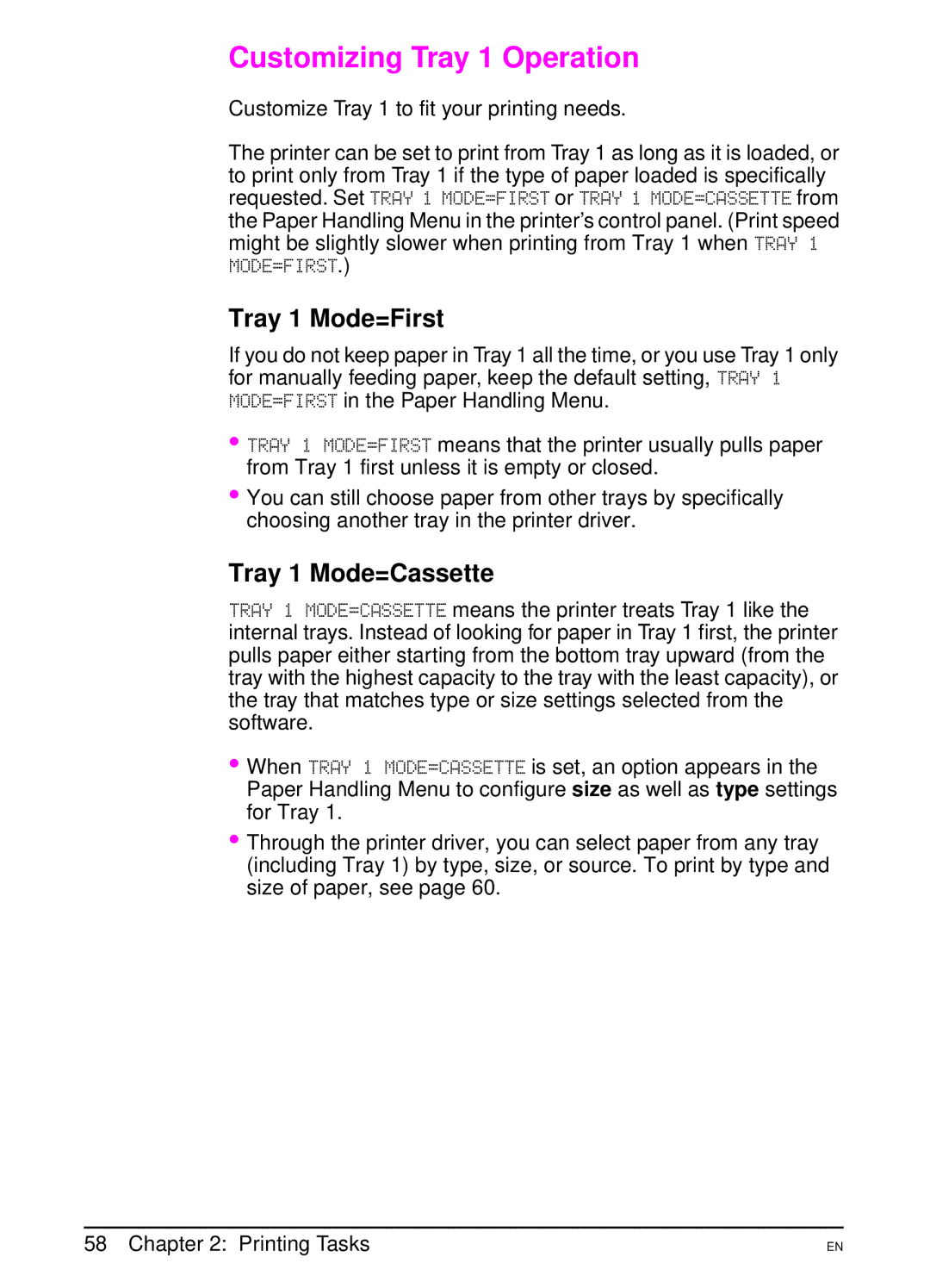 HP 5000 manual Customizing Tray 1 Operation, Tray 1 Mode=First, Tray 1 Mode=Cassette 