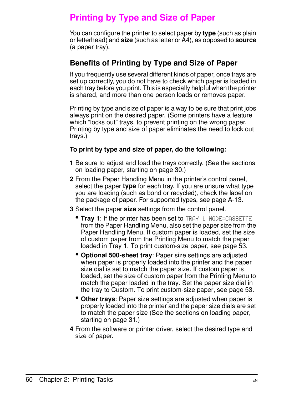 HP 5000 manual Benefits of Printing by Type and Size of Paper, To print by type and size of paper, do the following 