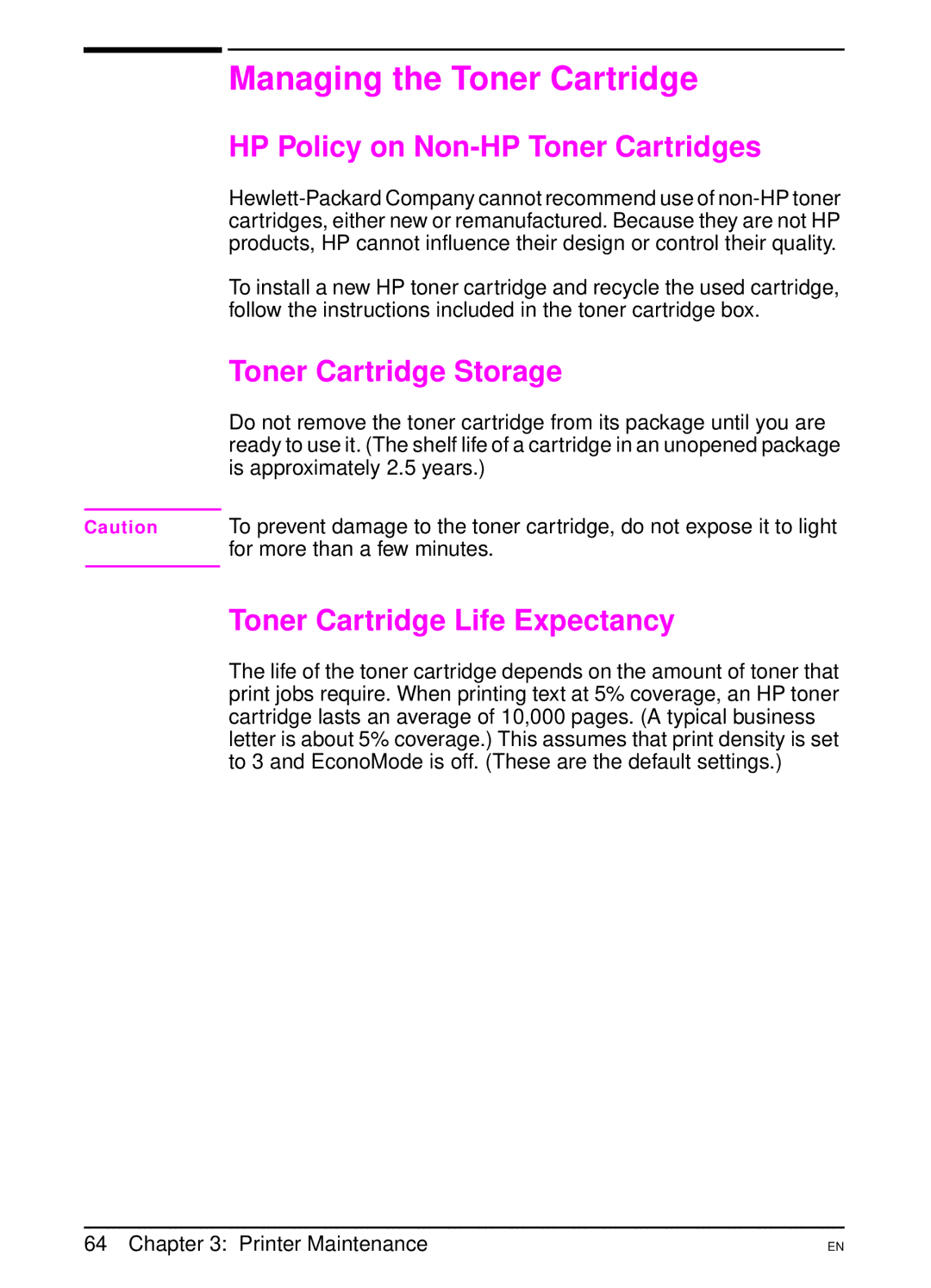 HP 5000 Managing the Toner Cartridge, HP Policy on Non-HP Toner Cartridges, Toner Cartridge Storage, Printer Maintenance 