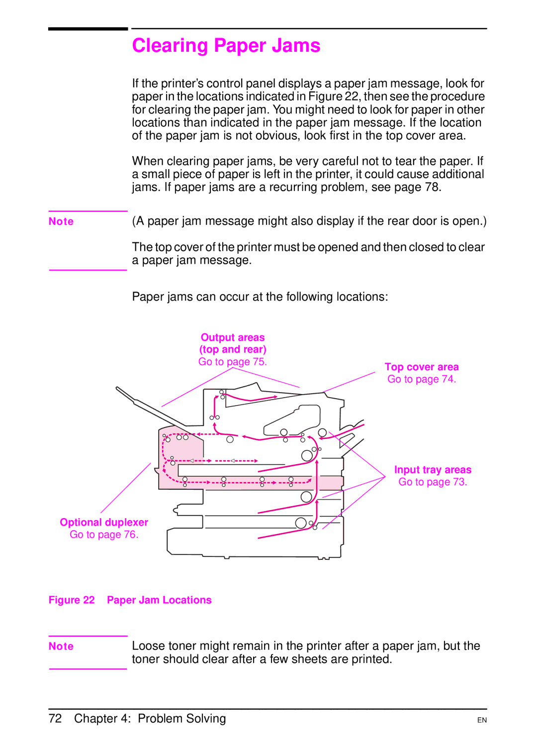 HP 5000 manual Clearing Paper Jams, Paper jam is not obvious, look first in the top cover area, Paper jam message 