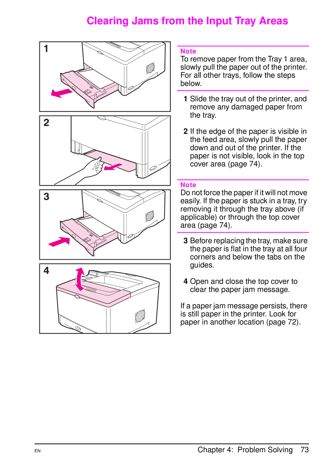 HP 5000 manual Clearing Jams from the Input Tray Areas 