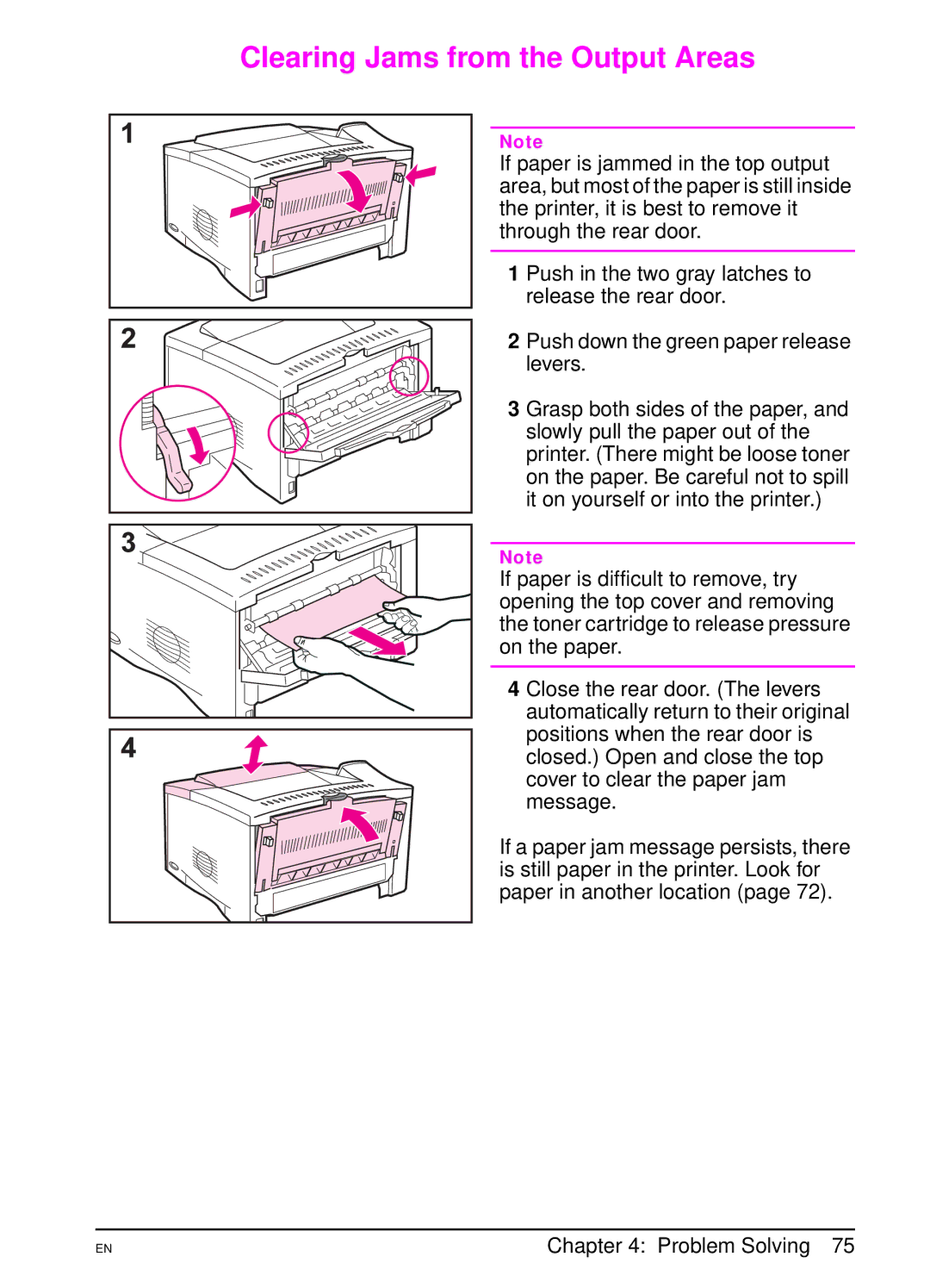 HP 5000 manual Clearing Jams from the Output Areas 