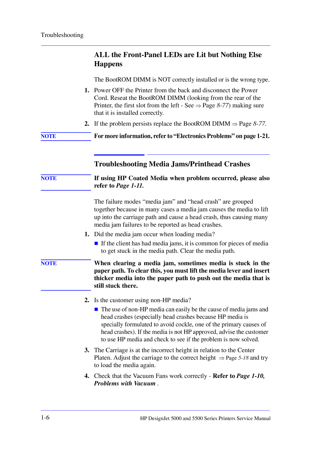 HP 5000 manual ALL the Front-Panel LEDs are Lit but Nothing Else Happens, Troubleshooting Media Jams/Printhead Crashes 